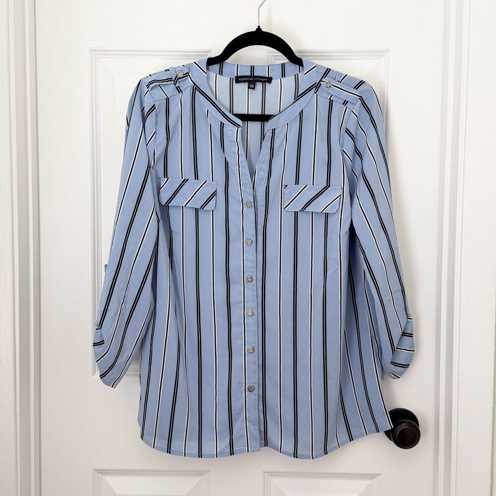 Women Adrienne Vittadini Striped Blouse Raglan Sleeve Top in Light Blue Large